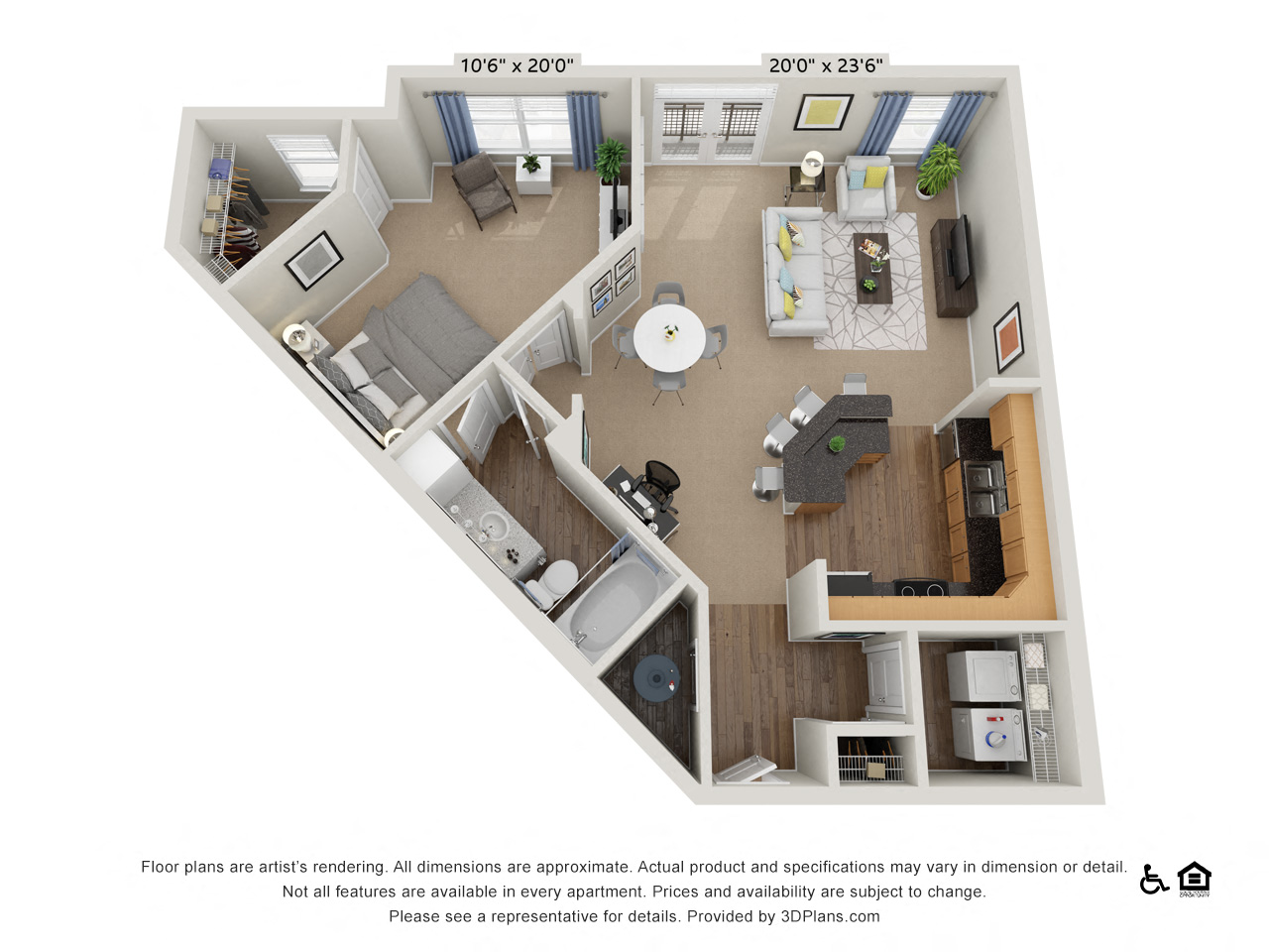 Floor plan for 1 bed, 1 bath, 970 sqft